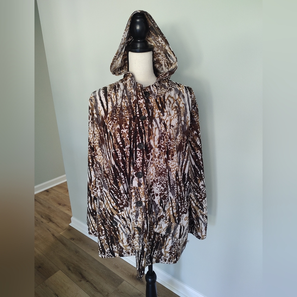 Chico's Zenergy Nema Hooded Jacket Brown White Abstract Lightweight XL